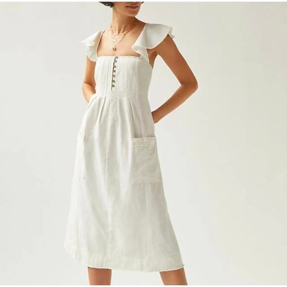 Anthropologie Pilcro White Cotton/Linen Flutter Sleeve Midi Dress, size L - Picture 1 of 10